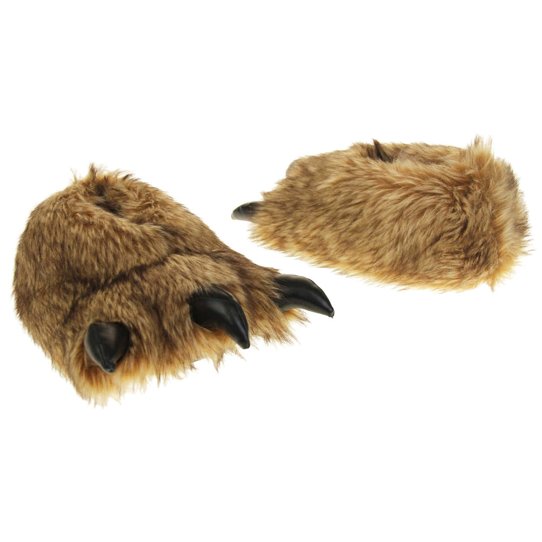 Mens bear slippers. Cushioned slippers shaped like a monster's foot with claws. Brown faux fur outer and black shiny padded claws. Inside is a textile lining. Black soft sole with bumps on for grip. Both feet facing top to tail, at an angle.