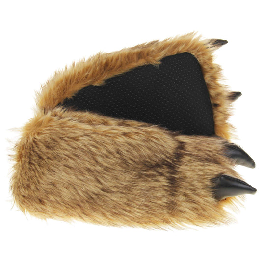 Mens bear slippers. Cushioned slippers shaped like a monster's foot with claws. Brown faux fur outer and black shiny padded claws. Inside is a textile lining. Black soft sole with bumps on for grip. Both feet from side profile with left foot on its side to show the sole.