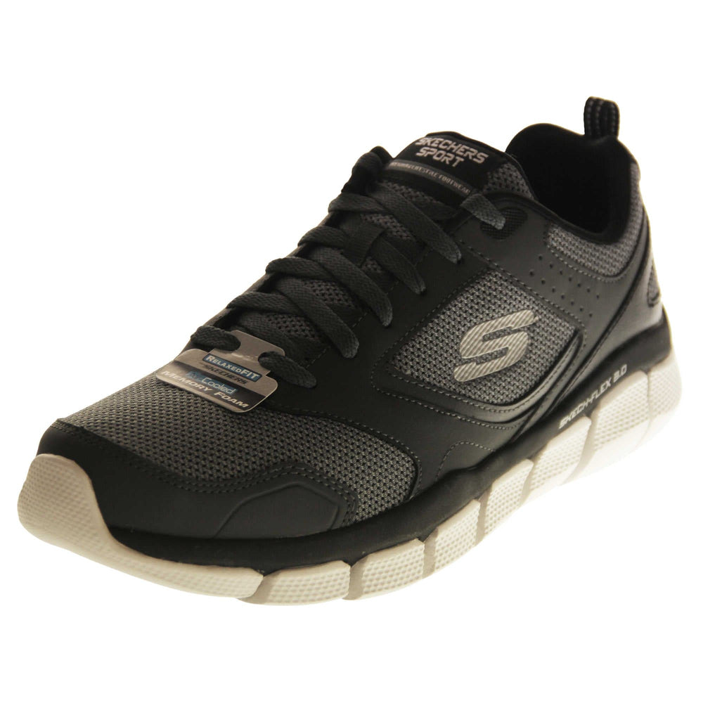 Mens black Skechers. Dark grey mesh and black leather upper with black laces and black lining. Grey Skechers logo to the side and chunky white outsole with grip. Left foot at an angle