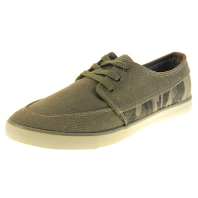 Mens camouflage trainers. Grey canvas upper with grey camo strip around the heel. Grey laces. White synthetic sole and dark textile lining. Left foot at an angle