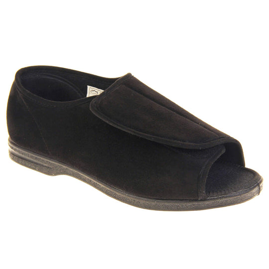 Mens Extra Wide Open Toe Slippers. Full back slippers with black textile upper. Open toe and the top of the shoe is an adjustable touch fasten strap. Black textile lining. Firm black sole. Right foot at an angle.