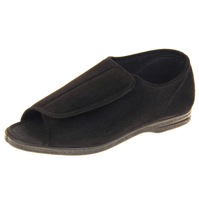 Mens Extra Wide Open Toe Slippers. Full back slippers with black textile upper. Open toe and the top of the shoe is an adjustable touch fasten strap. Black textile lining. Firm black sole. Left foot at an angle.