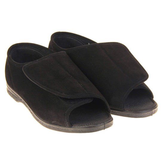 Mens Extra Wide Open Toe Slippers. Full back slippers with black textile upper. Open toe and the top of the shoe is an adjustable touch fasten strap. Black textile lining. Firm black sole. Both feet together at an angle.