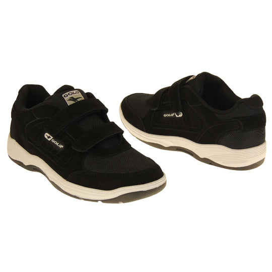 Men's leather trainers. Classic trainer style in wide fit with black coated leather upper and black stitching detail. Two black touch fasten straps with black tongue and black textile lining. Black and white Gola branding to the side. White outsole with black base. Both feet from a slight angle facing top to tail.
