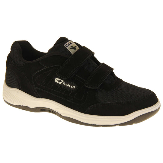Men's leather trainers. Classic trainer style in wide fit with black coated leather upper and black stitching detail. Two black touch fasten straps with black tongue and black textile lining. Black and white Gola branding to the side. White outsole with black base. Right foot at an angle.