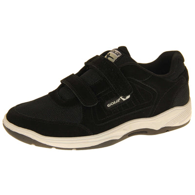 Men's leather trainers. Classic trainer style in wide fit with black coated leather upper and black stitching detail. Two black touch fasten straps with black tongue and black textile lining. Black and white Gola branding to the side. White outsole with black base. Left foot at an angle.