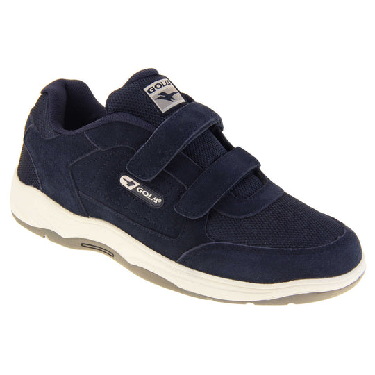 Mens navy trainers. Classic trainer style in wide fit. With navy blue coated leather upper and navy stitching detail. Two navy touch fasten straps with navy tongue and blue textile lining. Black and white Gola branding to the side. Black outsole. Right foot at an angle.