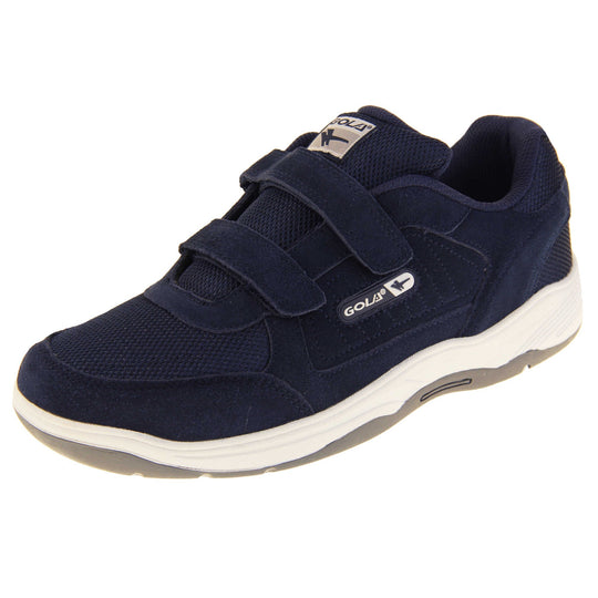 Mens navy trainers. Classic trainer style in wide fit. With navy blue coated leather upper and navy stitching detail. Two navy touch fasten straps with navy tongue and blue textile lining. Black and white Gola branding to the side. Black outsole. Left foot at an angle.