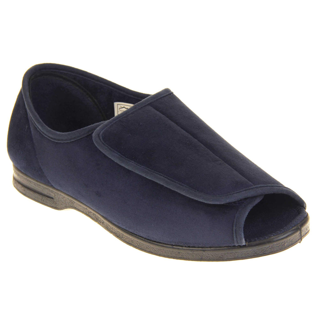 Mens Extra Wide Open Toe Slippers. Full back slippers with navy textile upper. Open toe and the top of the shoe is an adjustable touch fasten strap. Navy textile lining. Firm black sole. Right foot at an angle.