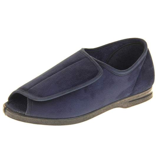 Mens Extra Wide Open Toe Slippers. Full back slippers with navy textile upper. Open toe and the top of the shoe is an adjustable touch fasten strap. Navy textile lining. Firm black sole. Left foot at an angle.