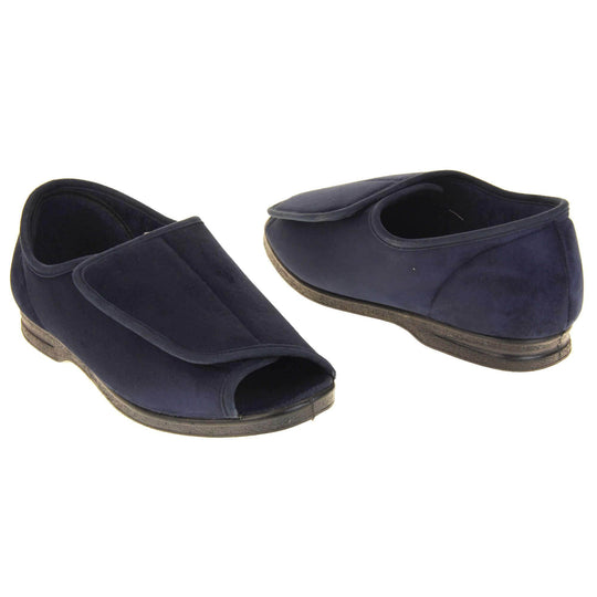 Mens Extra Wide Open Toe Slippers. Full back slippers with navy textile upper. Open toe and the top of the shoe is an adjustable touch fasten strap. Navy textile lining. Firm black sole. Both feet facing top to tail, at an angle.