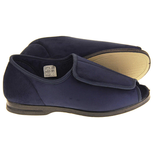 Mens Extra Wide Open Toe Slippers. Full back slippers with navy textile upper. Open toe and the top of the shoe is an adjustable touch fasten strap. Navy textile lining. Firm black sole. Both feet from side profile with left foot on its side to show the sole.