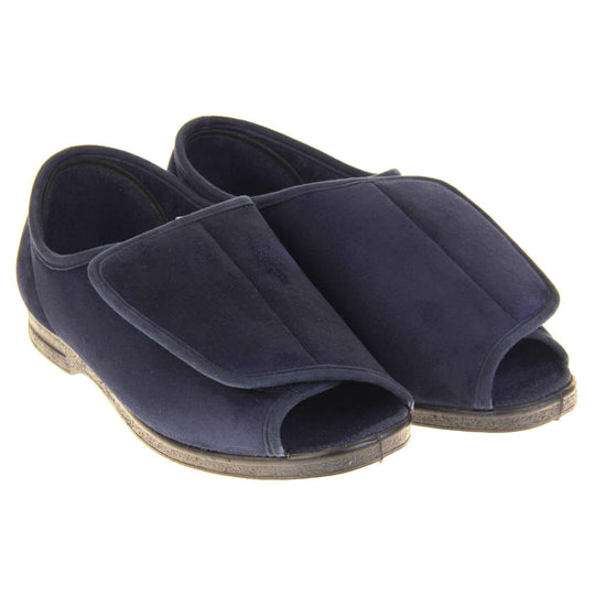 Mens Extra Wide Open Toe Slippers. Full back slippers with navy textile upper. Open toe and the top of the shoe is an adjustable touch fasten strap. Navy textile lining. Firm black sole. Both feet together at an angle.