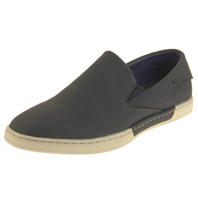 Mens slip on shoes. Black faux leather upper. White synthetic sole and dark textile lining. Left foot at an angle