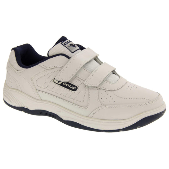 Mens touch fasten trainers. Classic trainer style with white leather upper and white stitching detail. Two white touch fasten straps with white tongue and black textile lining. Black and white Gola branding to the side. White outsole with black bottom. Right foot at an angle.