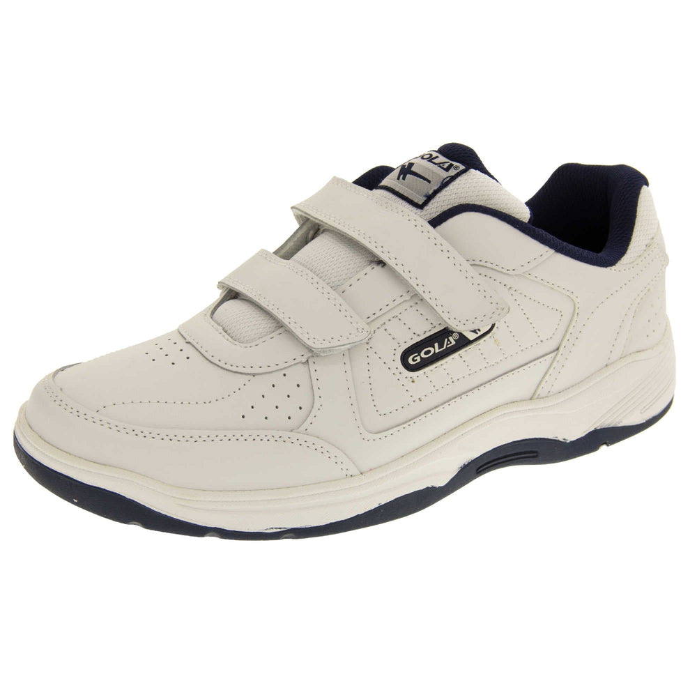 Mens touch fasten trainers. Classic trainer style with white leather upper and white stitching detail. Two white touch fasten straps with white tongue and black textile lining. Black and white Gola branding to the side. White outsole with black bottom. Left foot at an angle.