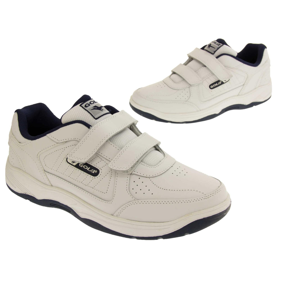 Mens touch fasten trainers. Classic trainer style with white leather upper and white stitching detail. Two white touch fasten straps with white tongue and black textile lining. Black and white Gola branding to the side. White outsole with black bottom. Both feet from slightly off a side angle facing in an L shape.