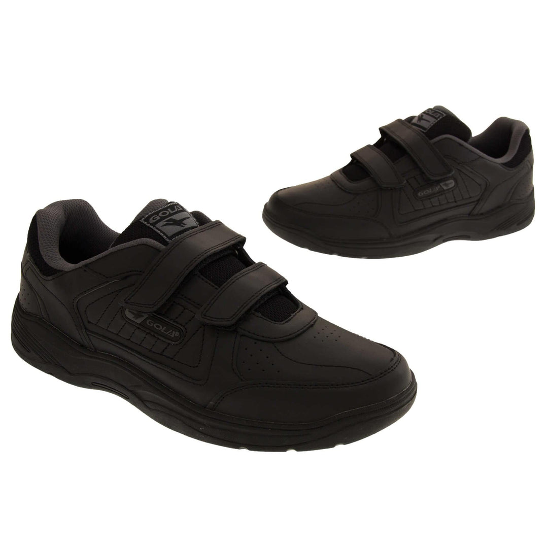 Mens trainers for wide feet. Classic trainer style with black leather upper and black stitching detail. Two black touch fasten straps with black tongue and black textile lining. Black and grey Gola branding to the side. Black outsole. Both feet from slightly off a side angle facing in an L shape.
