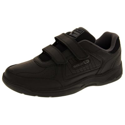 Mens trainers for wide feet. Classic trainer style with black leather upper and black stitching detail. Two black touch fasten straps with black tongue and black textile lining. Black and grey Gola branding to the side. Black outsole. Left foot at an angle.