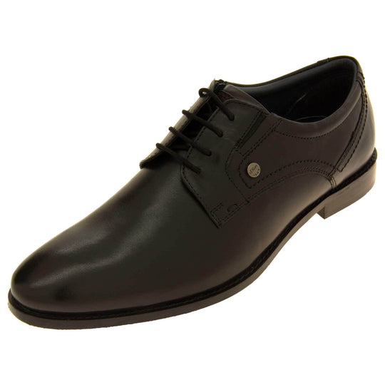Mens black dress shoes. Mens formal shoes with a black leather upper and black stitching detail. Black laces to the front. Small silver stud on the side with S.Oliver written on. Black sole with very slight heel. Black lining. Left foot at an angle.