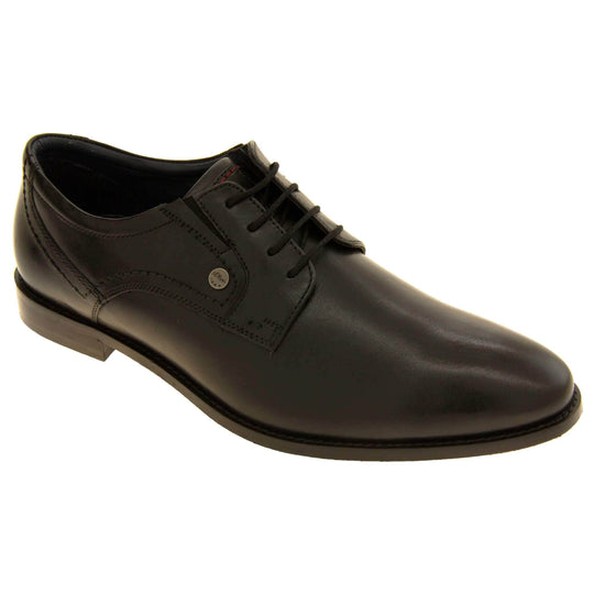 Mens black dress shoes. Mens formal shoes with a black leather upper and black stitching detail. Black laces to the front. Small silver stud on the side with S.Oliver written on. Black sole with very slight heel. Black lining. Right foot at an angle.
