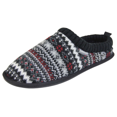 Mens black mule slippers. Mens slippers in a mule style. With black knit fabric upper with grey, red and white pattern. Black faux fur lining. Black hard synthetic soles with grip to the base. Left foot at an angle.