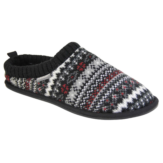 Mens black mule slippers. Mens slippers in a mule style. With black knit fabric upper with grey, red and white pattern. Black faux fur lining. Black hard synthetic soles with grip to the base. Right foot at an angle.