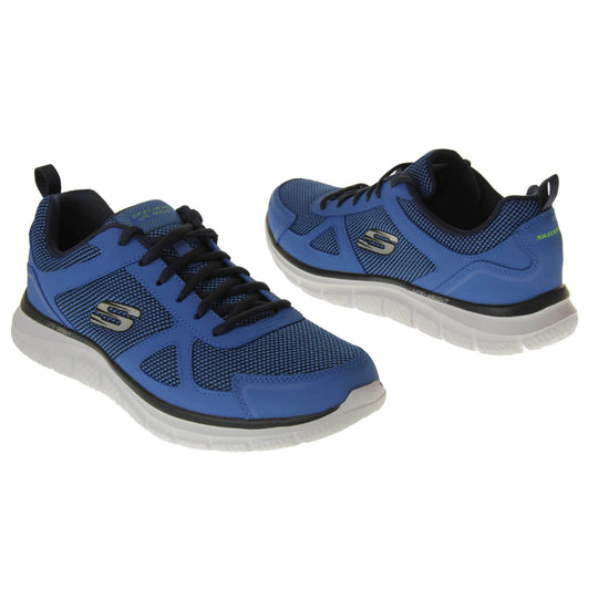 Mens blue Skechers. Blue mesh and leather upper with black laces and black lining. Grey Skechers logo to the side and chunky white outsole with grip.  Both shoes at a slight angle facing top to tail.
