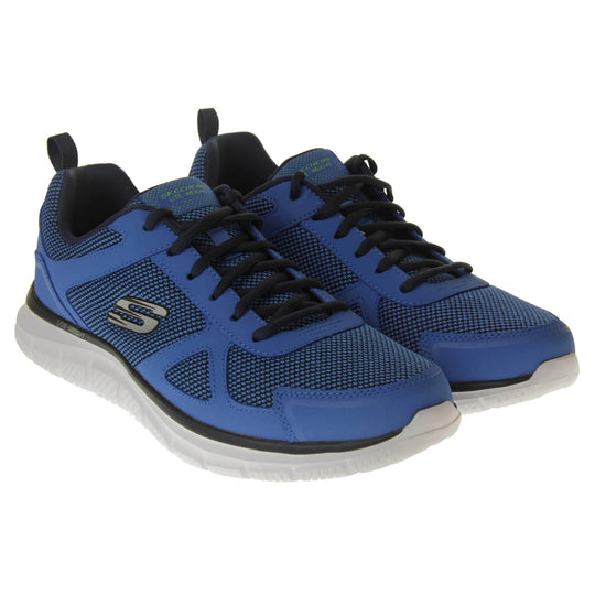 Mens blue Skechers. Blue mesh and leather upper with black laces and black lining. Grey Skechers logo to the side and chunky white outsole with grip. Both shoes together at an angle.