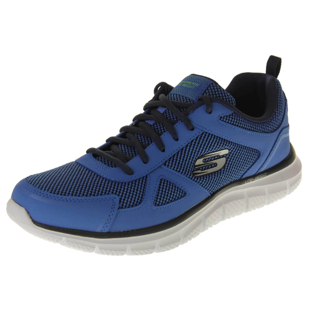 Mens blue Skechers. Blue mesh and leather upper with black laces and black lining. Grey Skechers logo to the side and chunky white outsole with grip. Left foot at an angle