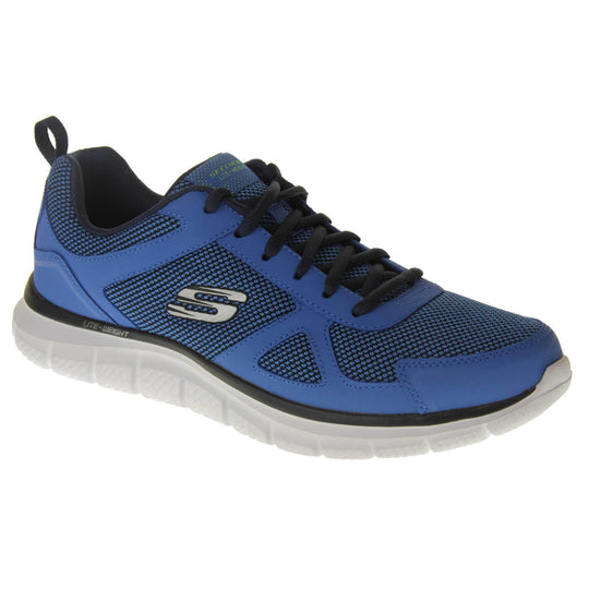 Mens blue Skechers. Blue mesh and leather upper with black laces and black lining. Grey Skechers logo to the side and chunky white outsole with grip. Right foot at an angle