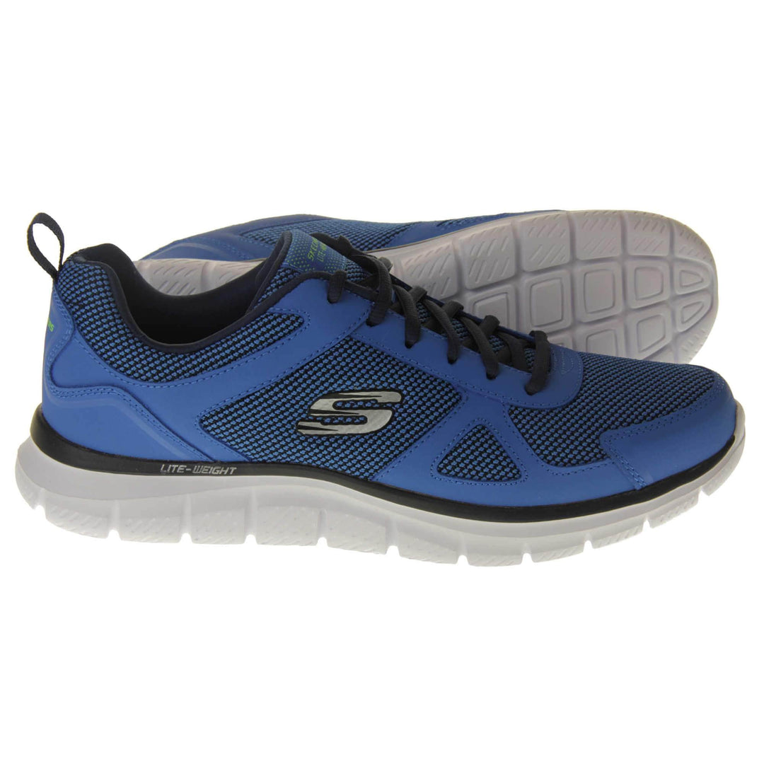 Mens blue Skechers. Blue mesh and leather upper with black laces and black lining. Grey Skechers logo to the side and chunky white outsole with grip.  Both feet from a side profile with the left foot on its side to show the sole.