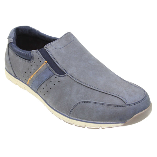 Mens blue suede trainers. Slip on trainers with navy blue faux suede uppers. Elasticated side gussets in dark blue and a navy diagonal stripe to the side of the shoe. Dark blue collar around the neck of the shoe with Oakenwood branding to the heel. Dark blue lining and a white outsole with grey sole. Right foot at an angle.