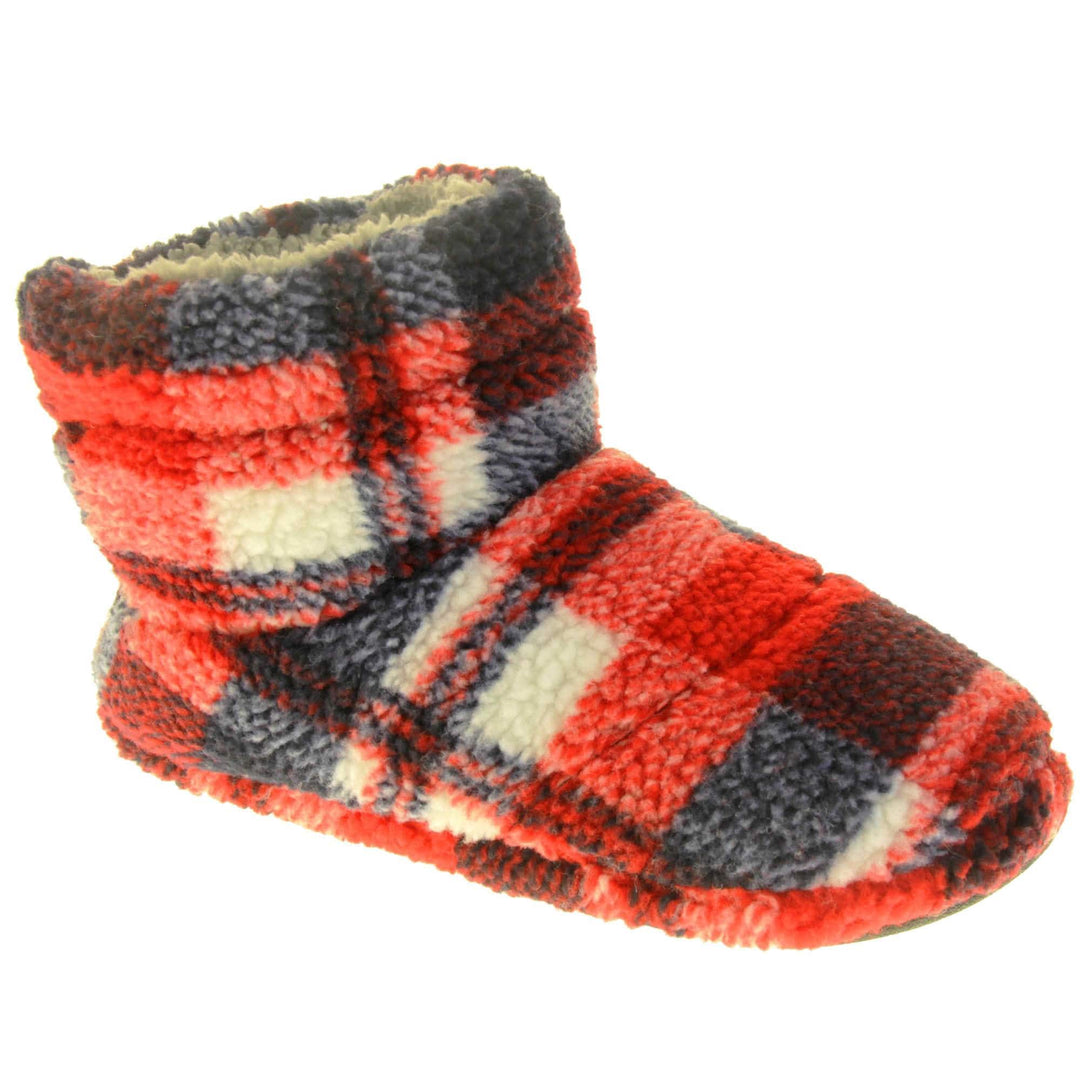 Mens Boot Slipper. Soft fleecy upper in a red, black and white plaid. Firm synthetic black sole and grey faux fur lining. Right foot at an angle.