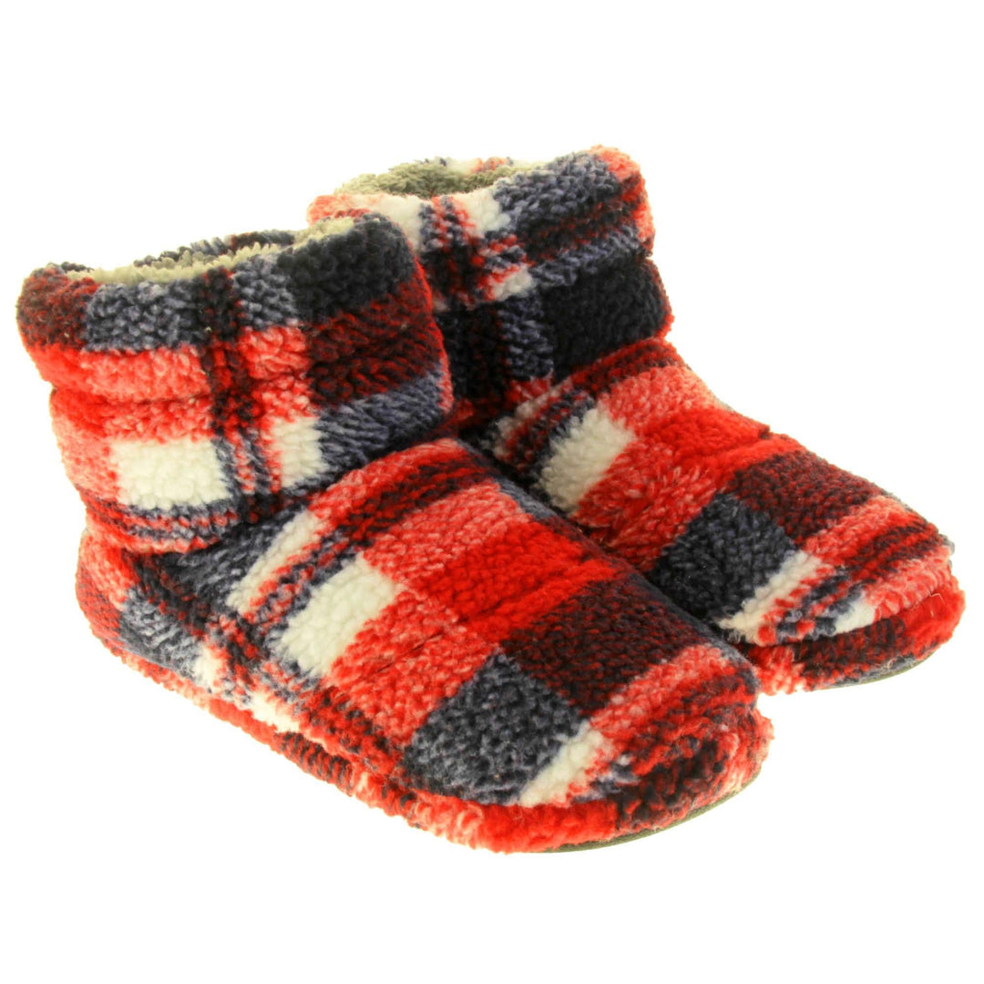 Mens Boot Slipper. Soft fleecy upper in a red, black and white plaid. Firm synthetic black sole and grey faux fur lining. Both feet together at a slight angle.
