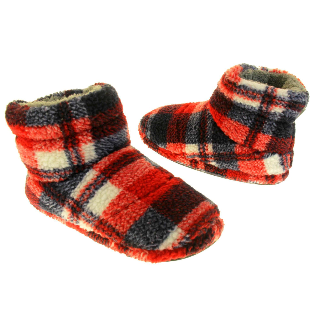 Mens Boot Slipper. Soft fleecy upper in a red, black and white plaid. Firm synthetic black sole and grey faux fur lining. Both feet at an angle facing top to tail.