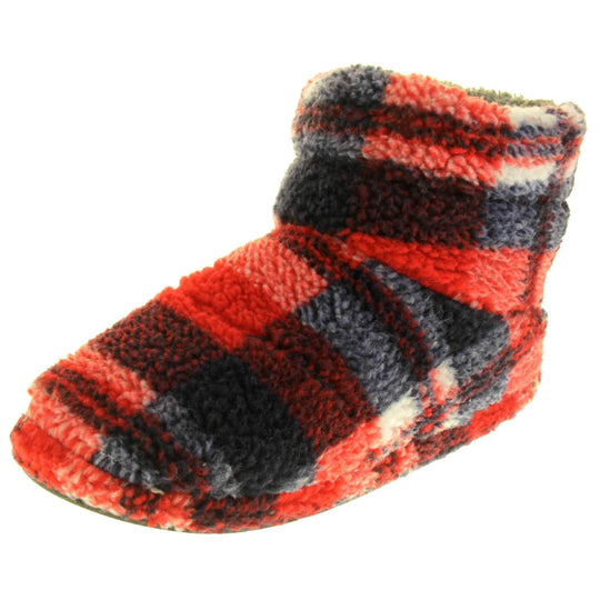 Mens Boot Slipper. Soft fleecy upper in a red, black and white plaid. Firm synthetic black sole and grey faux fur lining. Left foot at an angle.