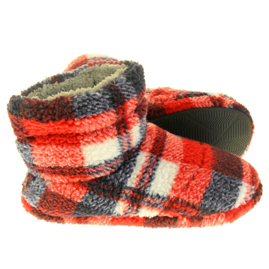 Mens Boot Slipper. Soft fleecy upper in a red, black and white plaid. Firm synthetic black sole and grey faux fur lining. Both feet from side profile with the left foot on its side to show the sole.