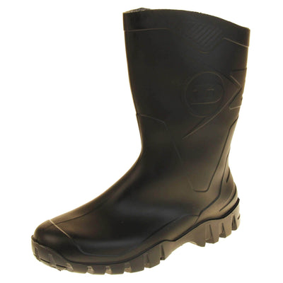 Mens Short Wellies. Black calf length wellies with a waterproof rubber upper and sole. With embossed pattern down the back of the boot and Dunlop logo on the side. Left foot at an angle.