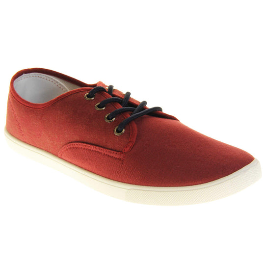 Mens canvas pumps. Burgundy red canvas upper with black laces. White synthetic sole and white textile lining. Right foot at an angle.