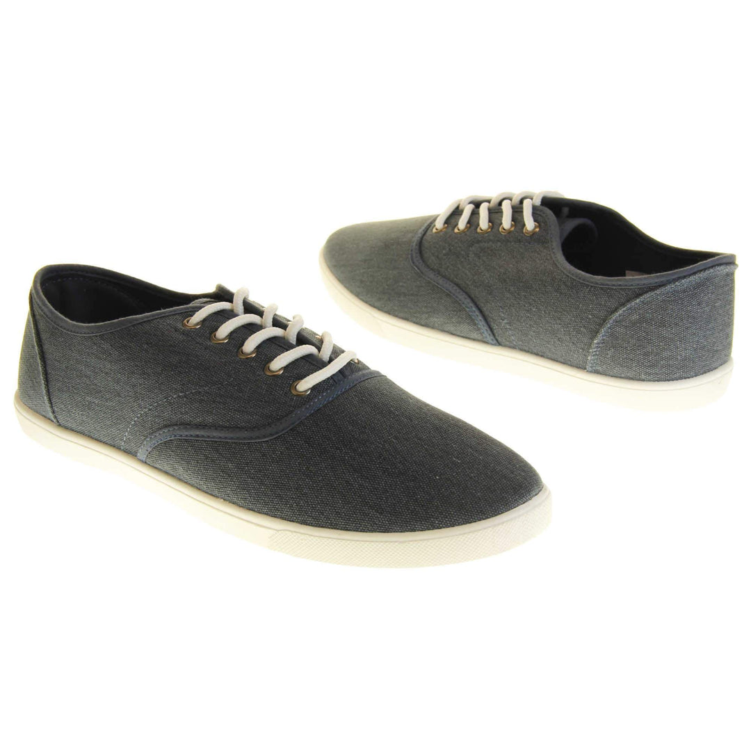 Mens canvas pumps. Navy blue canvas upper with white laces. White synthetic sole and dark textile lining. Both feet at a slight angle facing top to tail.