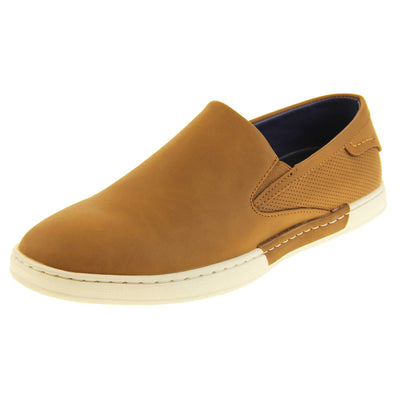 Mens casual shoes. Camel brown faux leather upper. White synthetic sole and dark textile lining. Left foot at an angle