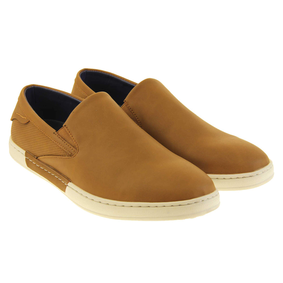 Mens casual shoes. Camel brown faux leather upper. White synthetic sole and dark textile lining. Both feet together at an angle.