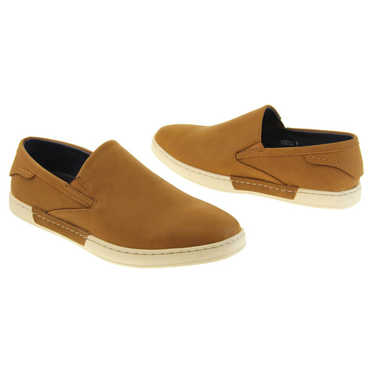 Mens casual shoes. Camel brown faux leather upper. White synthetic sole and dark textile lining. Both feet at a slight angle facing top to tail.
