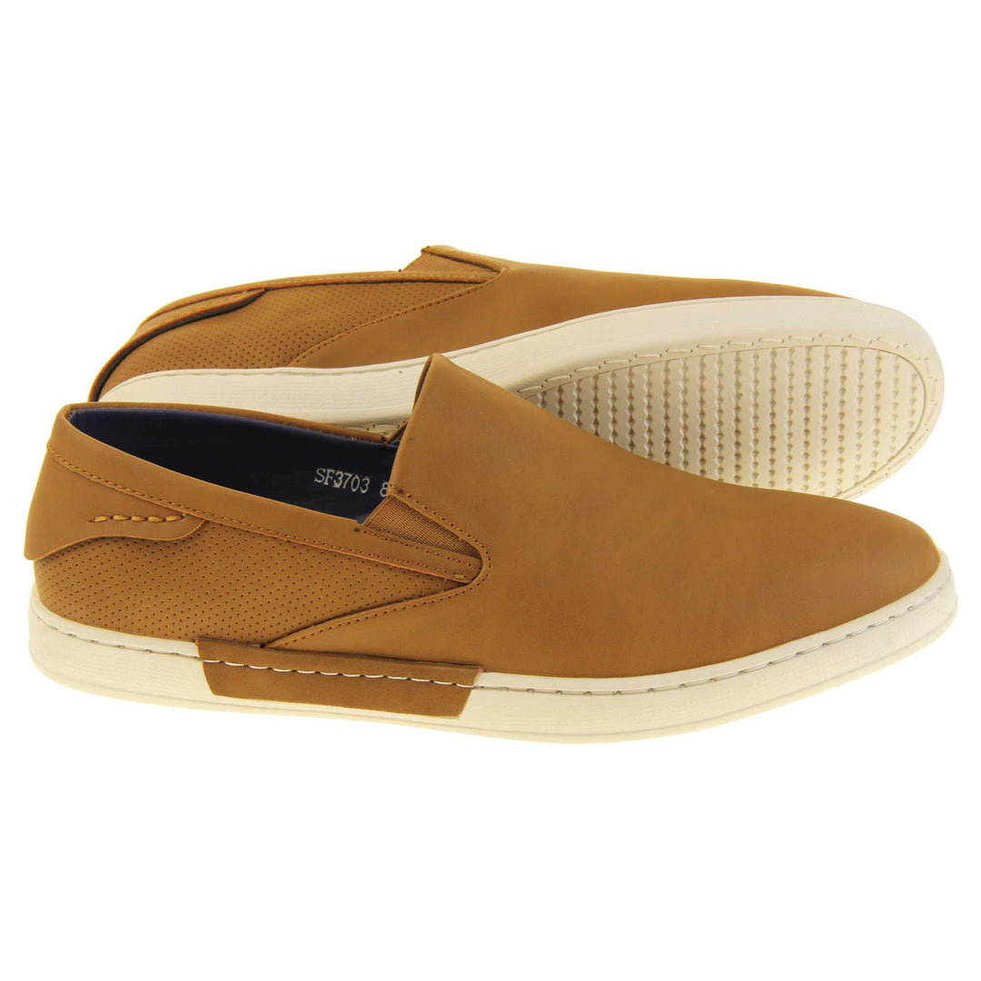 Mens casual shoes. Camel brown faux leather upper. White synthetic sole and dark textile lining. Both feet from a side profile with left foot behind the right on its side to show the sole.