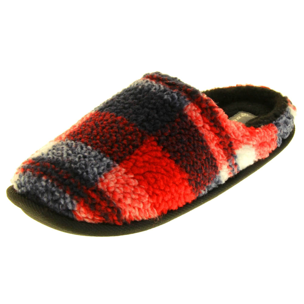 Mens check mule slippers. Mens slippers in a mule style. With red, white and black soft fabric upper. Black fleecy lining. Black hard synthetic soles with grip to the base. Left foot at an angle.