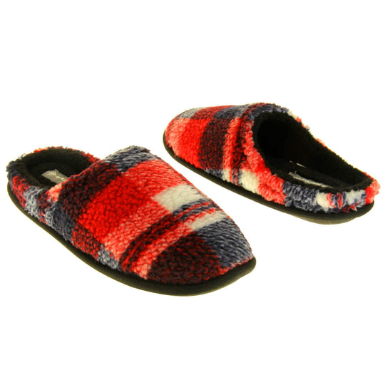 Mens check mule slippers. Mens slippers in a mule style. With red, white and black soft fabric upper. Black fleecy lining. Black hard synthetic soles with grip to the base. Both feet from an angle facing top to tail.