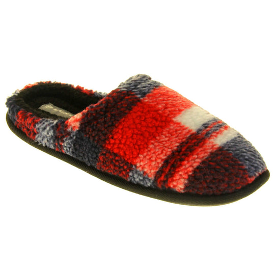 Mens check mule slippers. Mens slippers in a mule style. With red, white and black soft fabric upper. Black fleecy lining. Black hard synthetic soles with grip to the base. Right foot at an angle.