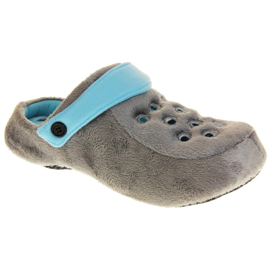 Mens clog slippers. Grey fabric clog style novelty slipper. Cut out holes on the upper. Light blue strap that goes along the back of your heel. The strap can be moved along the top of the shoe instead to make the shoe a mule. Right foot at an angle