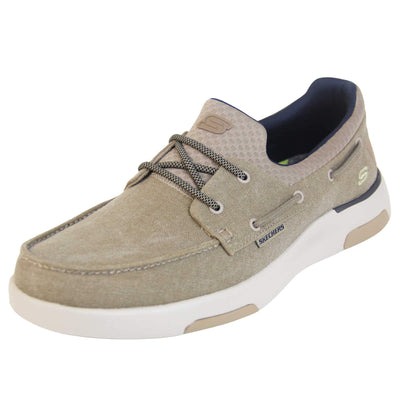 Mens deck shoes. Taupe woven textile upper with elasticated faux laces to the top and Skechers logo on the tongue and outer heel of the shoe. White synthetic sole with taupe detailing. Left foot at an angle.
